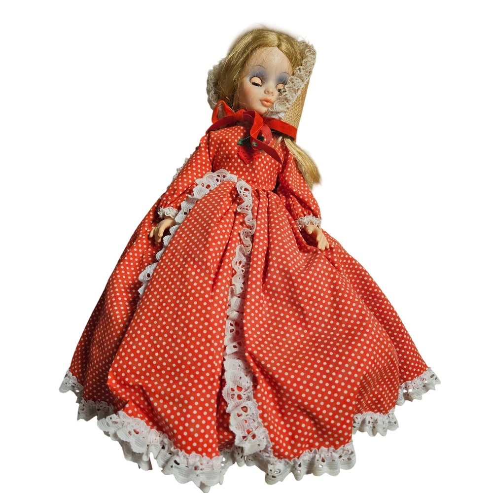 Vintage 1974‎ Vogue Doll 15" Red Polka Dot Lace Gown w/ Bonnet Sleep Eyes